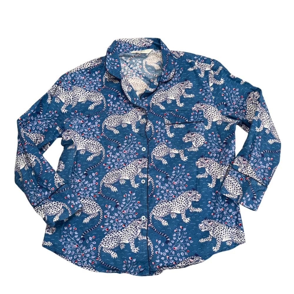 Printfresh Snow Leopard Pajama Top Womens Medium Blue Cotton Button Down PJ Top